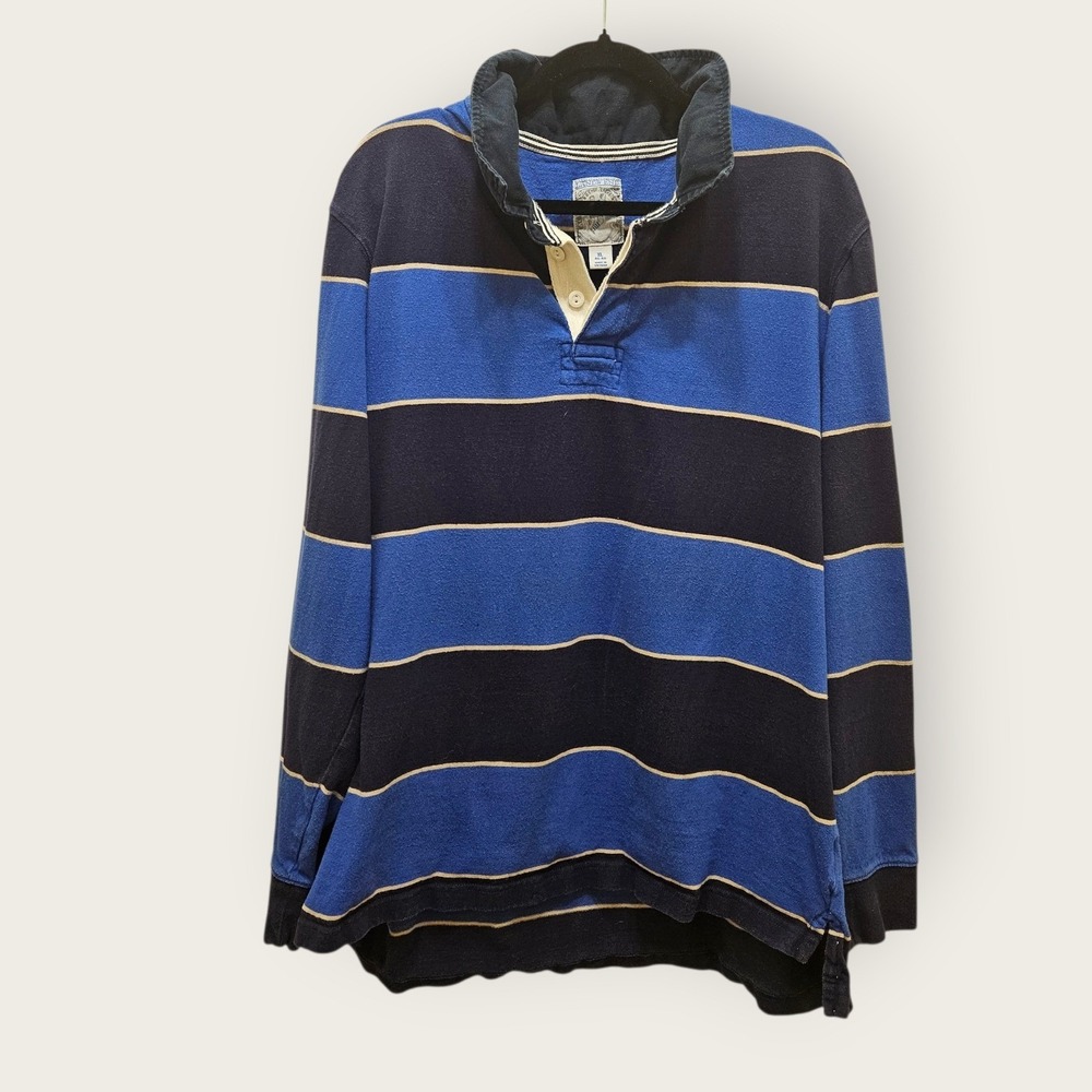 Lands End Mens Authentic Rugby Shirt XL Blue Navy Striped Long Sleeve Cotton